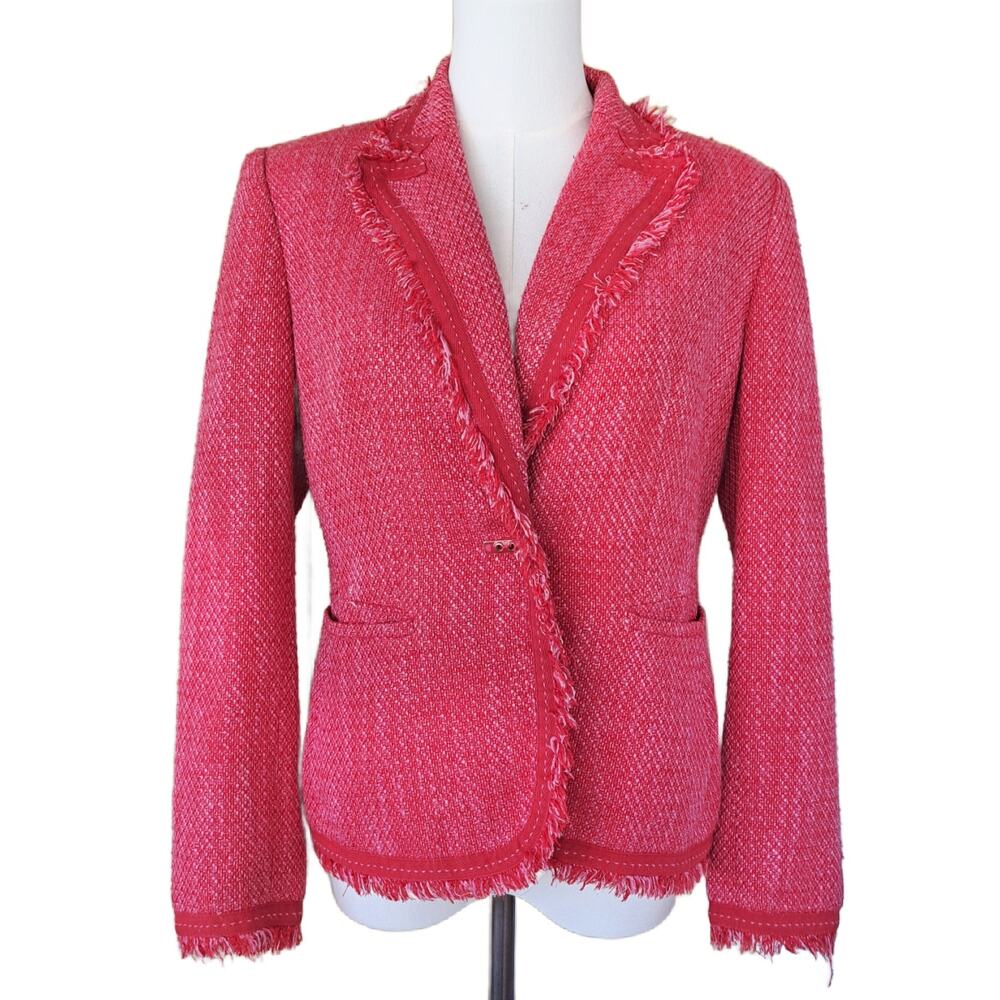 KASPER Hot Pink Tweed Fringe Blazer Size 6 Petite Jacket
